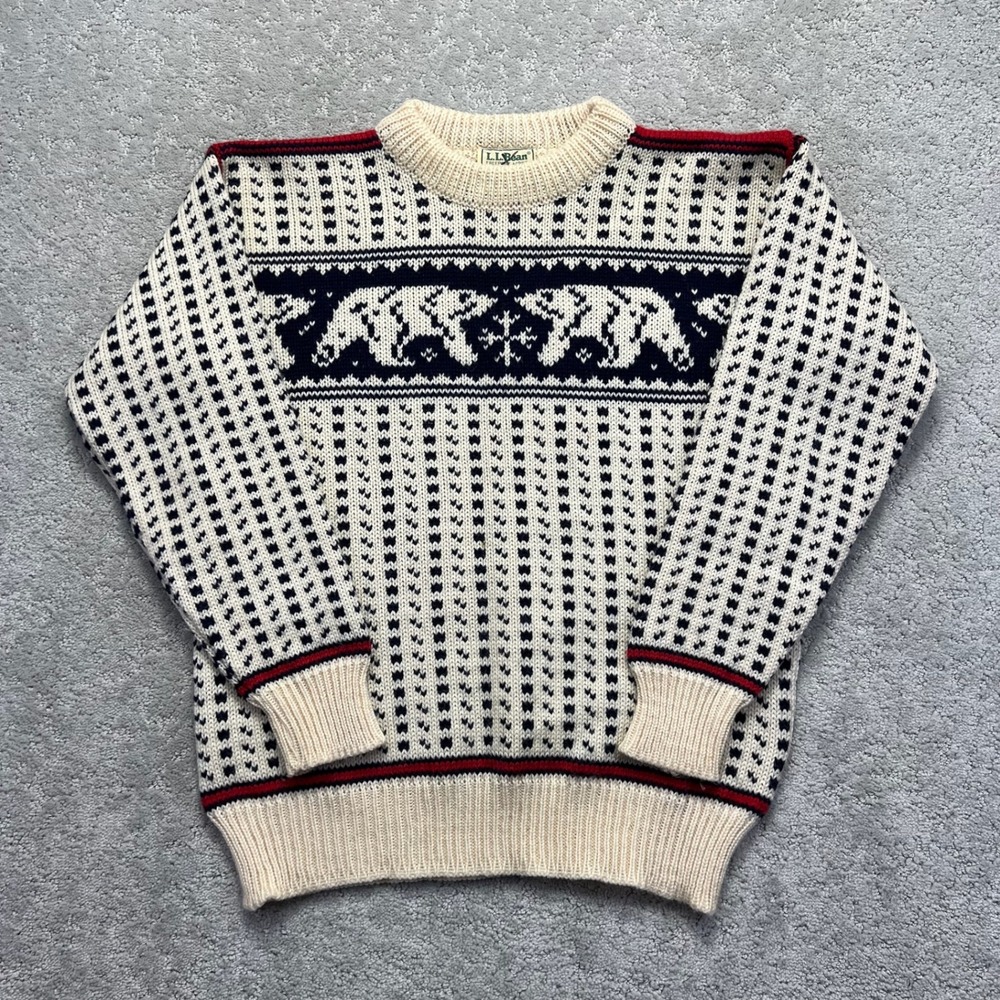VINTAGE LL Bean Wool Sweater Mens M Cream Navy Red  Polar Bear Made in Norway